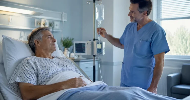 Paciente em recuperação após prostatectomia robótica conversando com o urologista