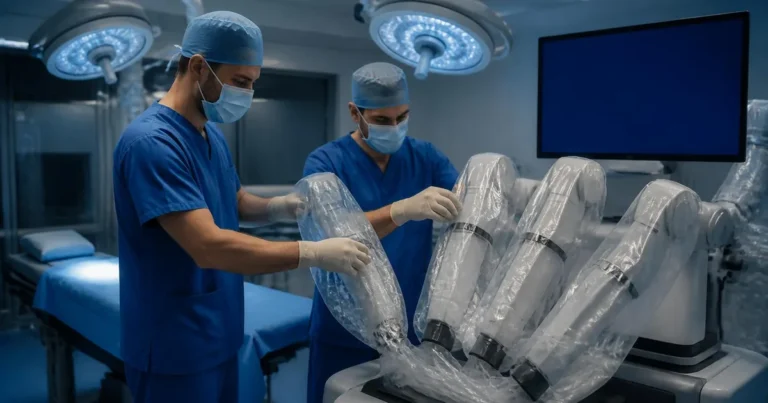 Cirurgião no console robótico durante prostatectomia radical robótica