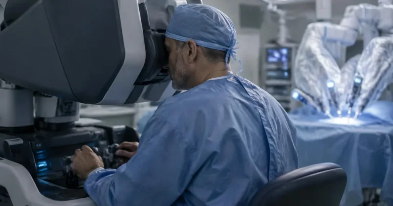 Cirurgião no console operando o robô durante prostatectomia com visão 3D