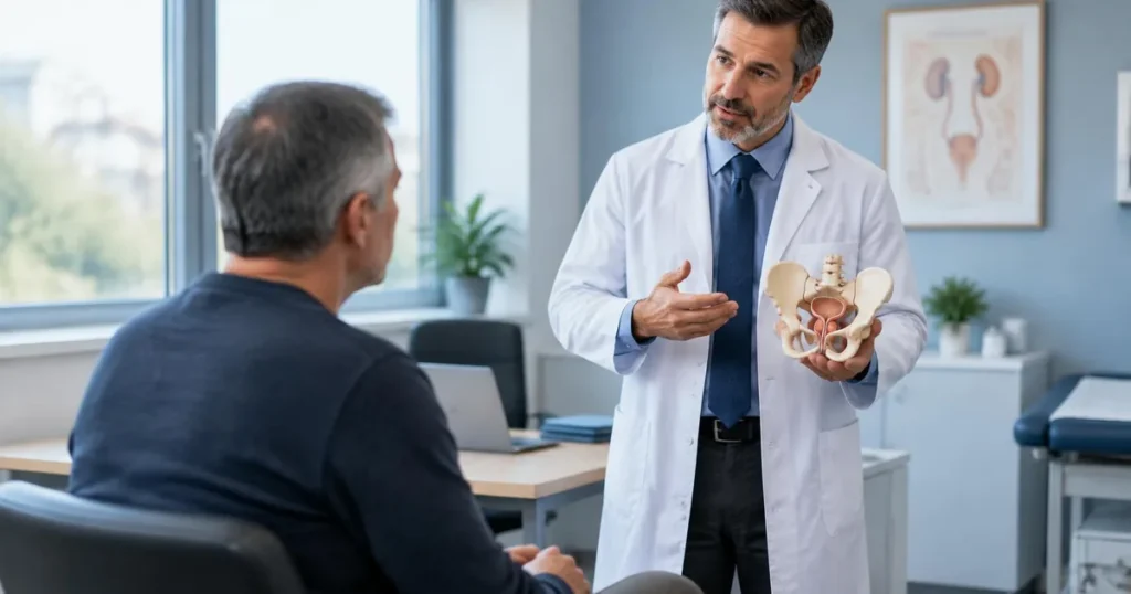 Cirurgião urologista comparando cirurgia robótica e laparoscopia no centro cirúrgico