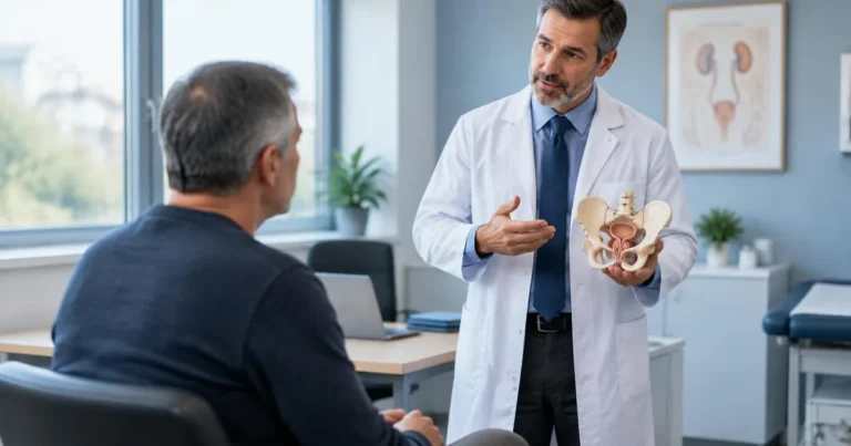Cirurgião urologista comparando cirurgia robótica e laparoscopia no centro cirúrgico